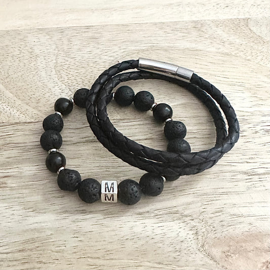 Mens Black Initial 2-Bracelet Set