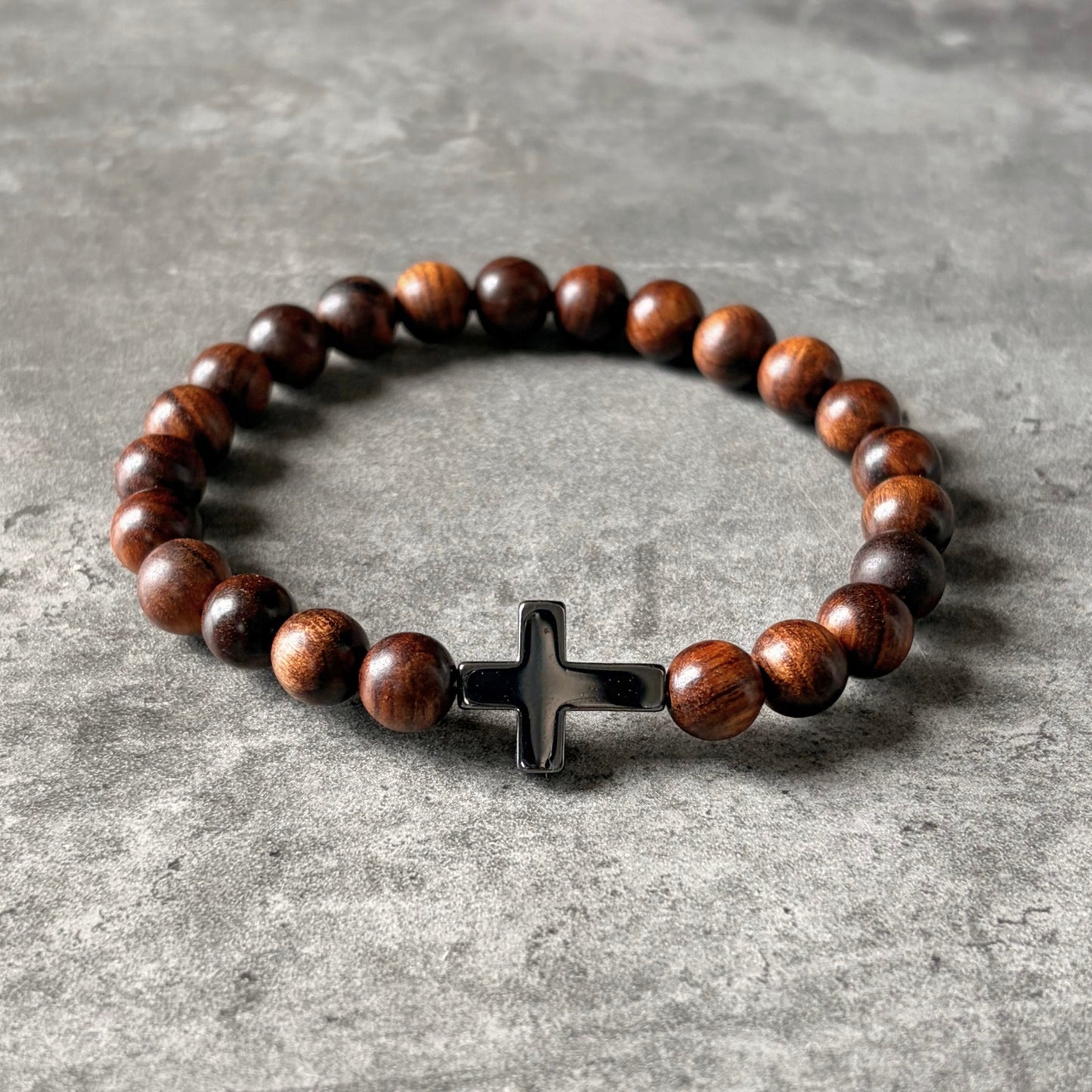 Men’s Cross Bracelet - Wood Bead & Hematite