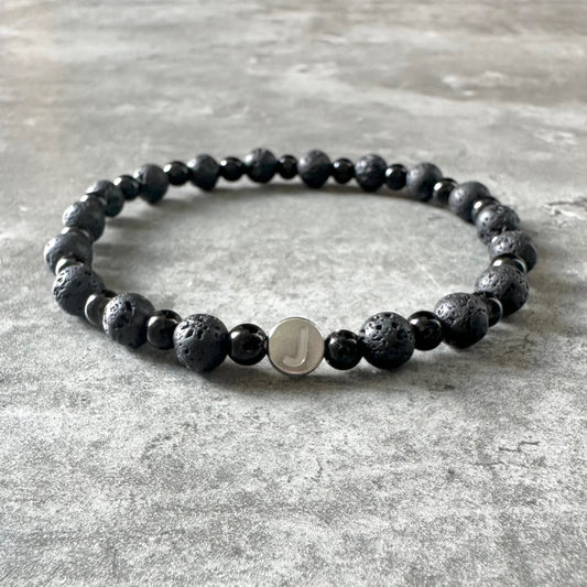 Lava Stone & Steel Initial Bracelet