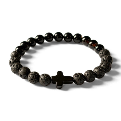Men’s Cross Bracelet - Lava Stone & Onyx