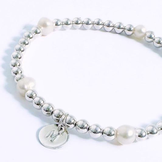 Pearl Sterling Silver Tiny Initial Charm Bracelet