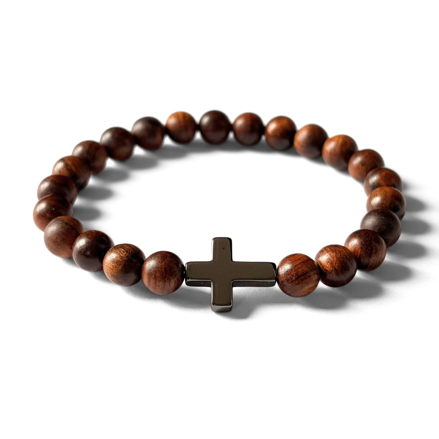 Men’s Cross Bracelet - Wood Bead & Hematite