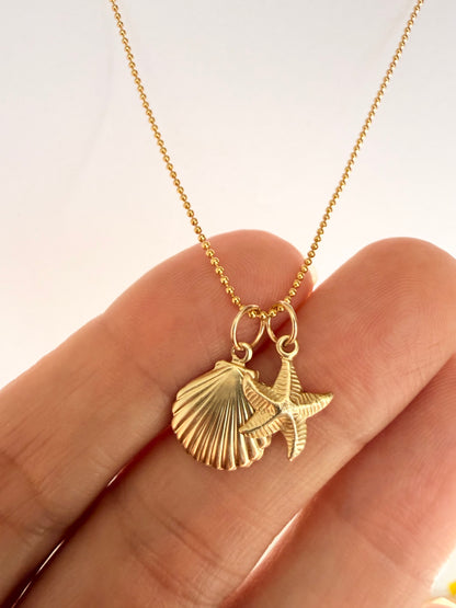 14k Gold Filled Starfish & Shell Necklace - Dainty Minimal Coastal Charm Jewellery
