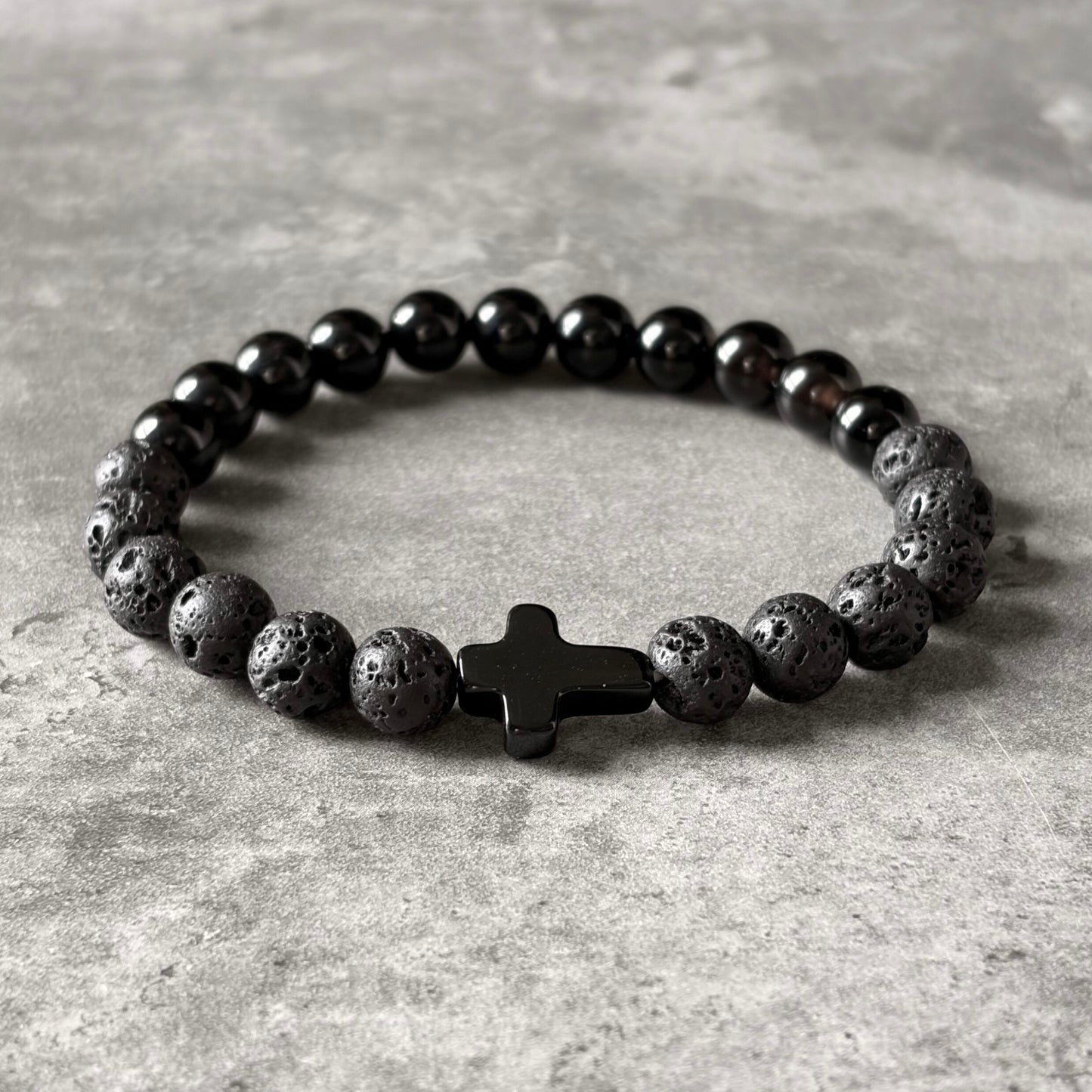 Men’s Cross Bracelet - Lava Stone & Onyx