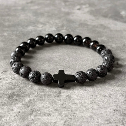 Men’s Cross Bracelet - Lava Stone & Onyx