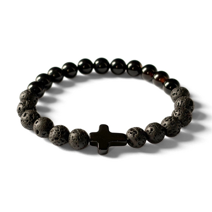 Men’s Cross Bracelet - Lava Stone & Onyx