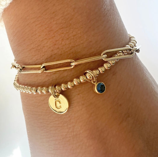 14k Gold Birthstone & Initial Charm Bracelet