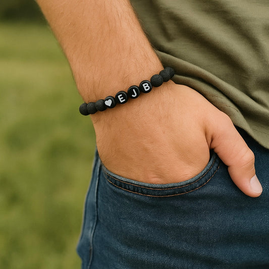 Mens Name Bracelet - Lava Stone