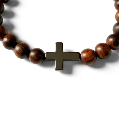 Men’s Cross Bracelet - Wood Bead & Hematite