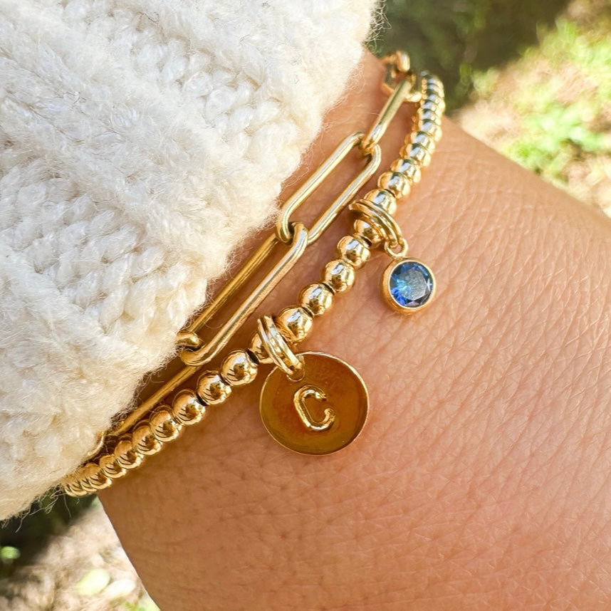 14k Gold Birthstone & Initial Charm Bracelet