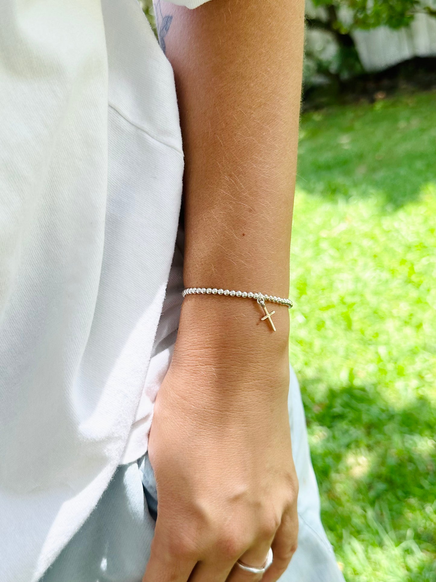 Tiny Cross Sterling Silver Bracelet Set
